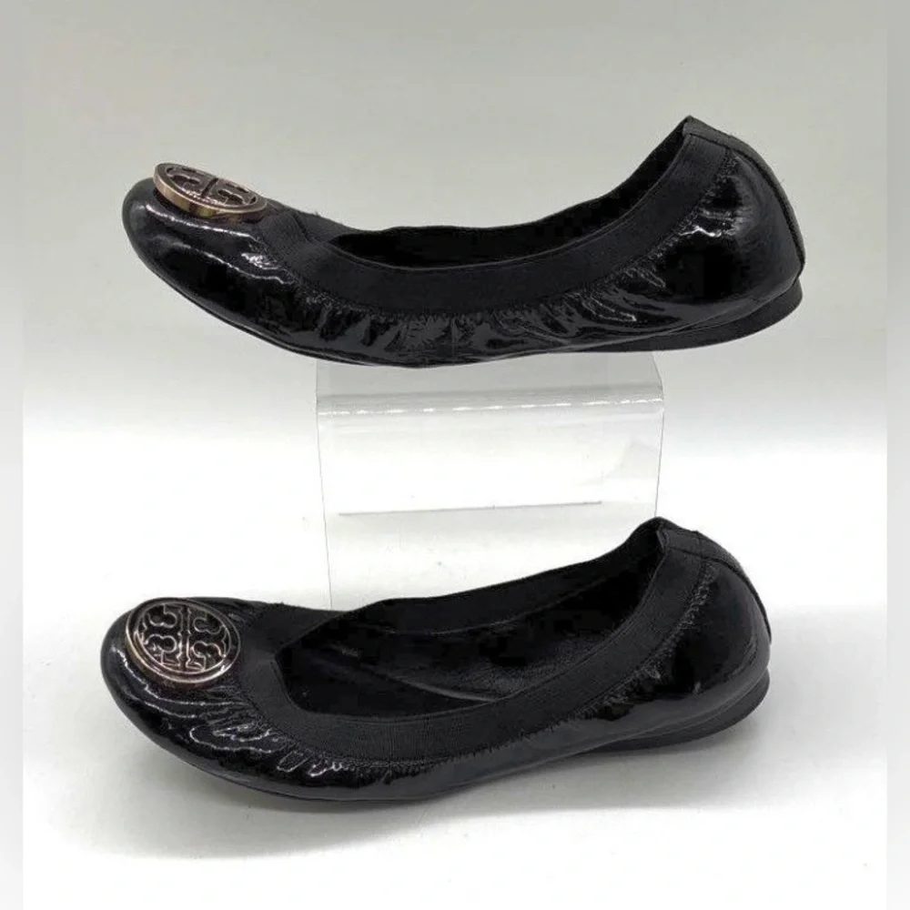 Tory Burch Black Patent Flats with Gold Emblem